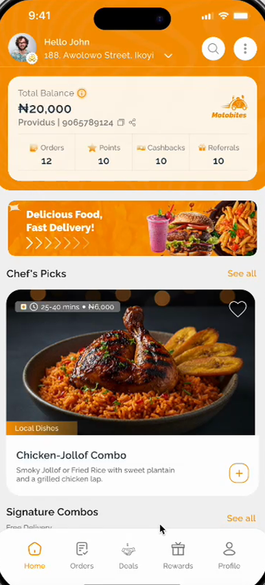 Motobites home screen with greeting, Motowallet card, counters, promo banner and Chef's Picks
