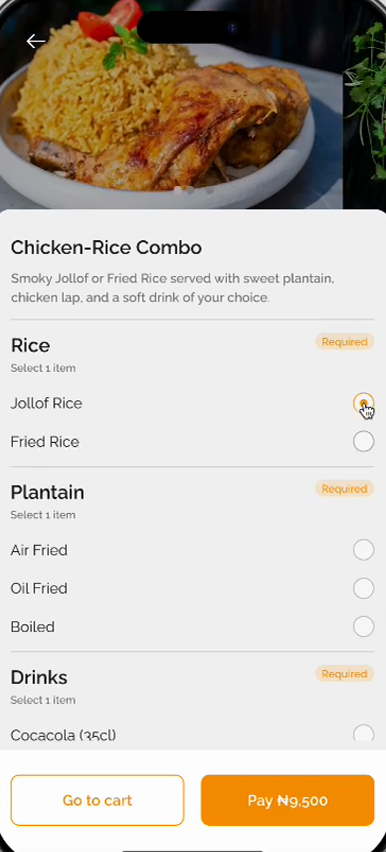 Motobites dish detail with required option groups for rice, plantain and drinks