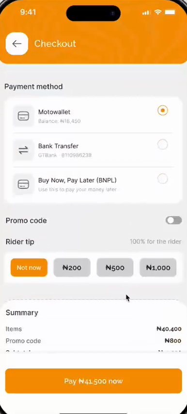 Motobites checkout with payment method, promo toggle, rider tip presets and order summary