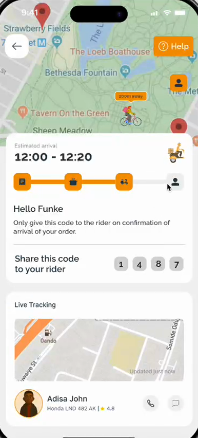 Motobites live tracking with map, ETA window, four-stage progress, handover code and rider details